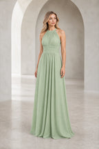 Romantic A-Line Halter Neck Sleeveless Keyhole Back Long Bridesmaid Dress