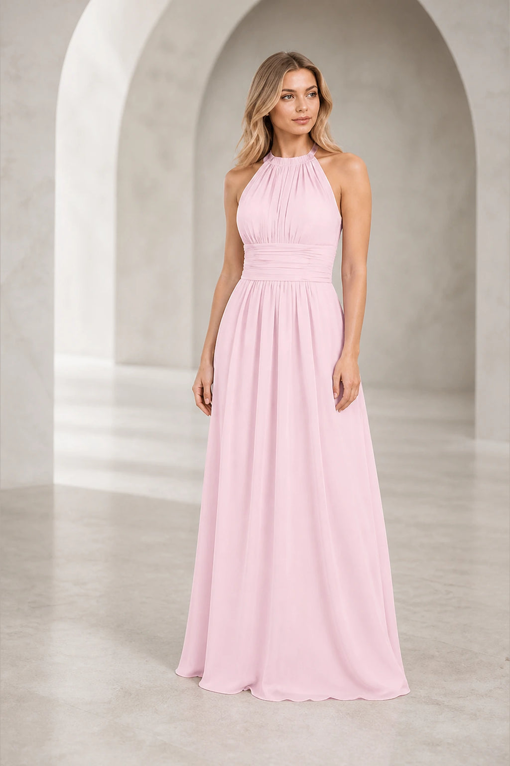 Romantic A-Line Halter Neck Sleeveless Keyhole Back Long Bridesmaid Dress