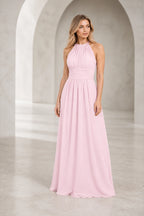 Romantic A-Line Halter Neck Sleeveless Keyhole Back Long Bridesmaid Dress