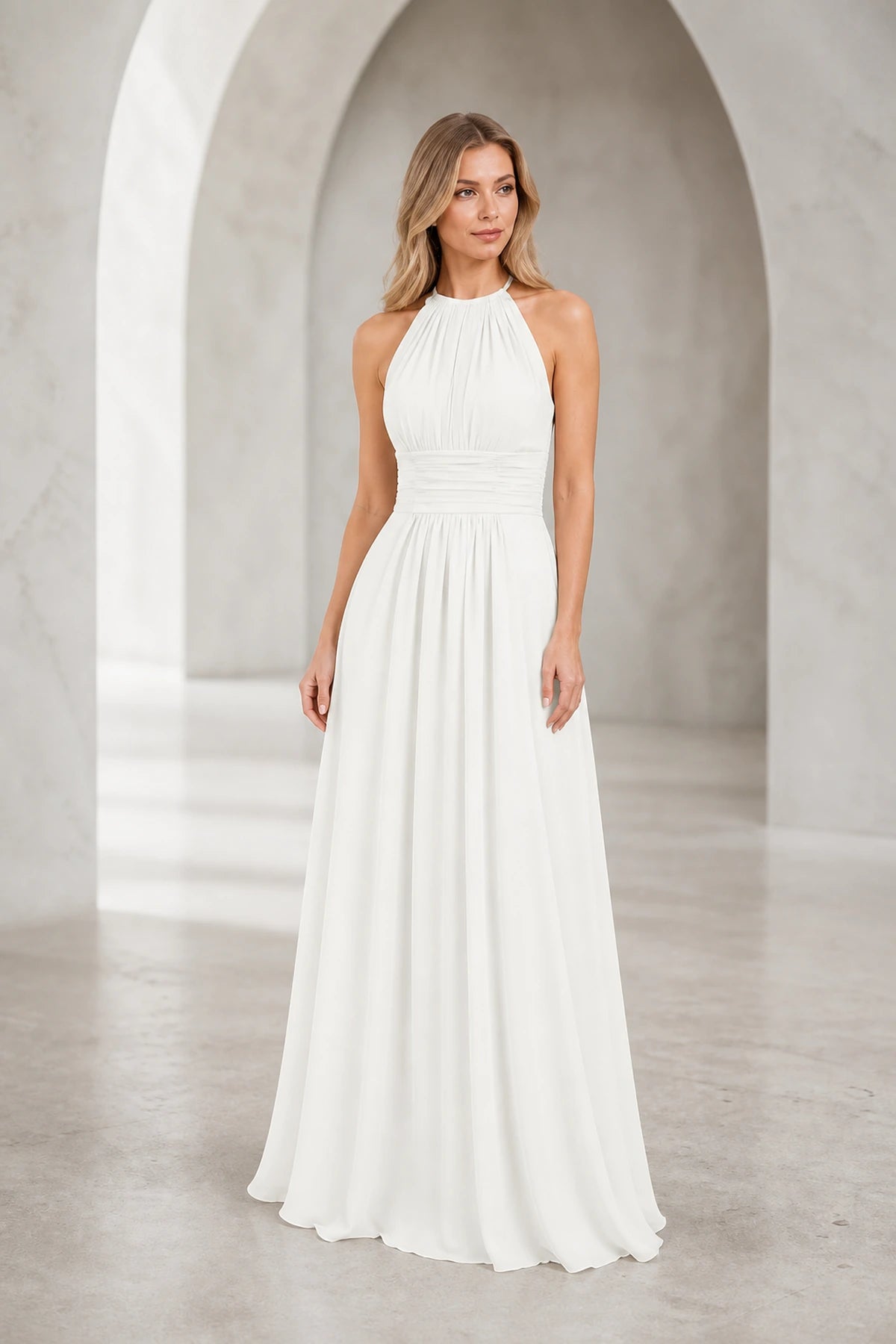 Romantic A-Line Halter Neck Sleeveless Keyhole Back Long Bridesmaid Dress