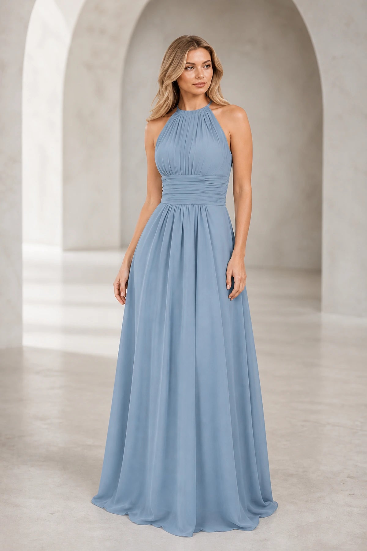 Romantic A-Line Halter Neck Sleeveless Keyhole Back Long Bridesmaid Dress