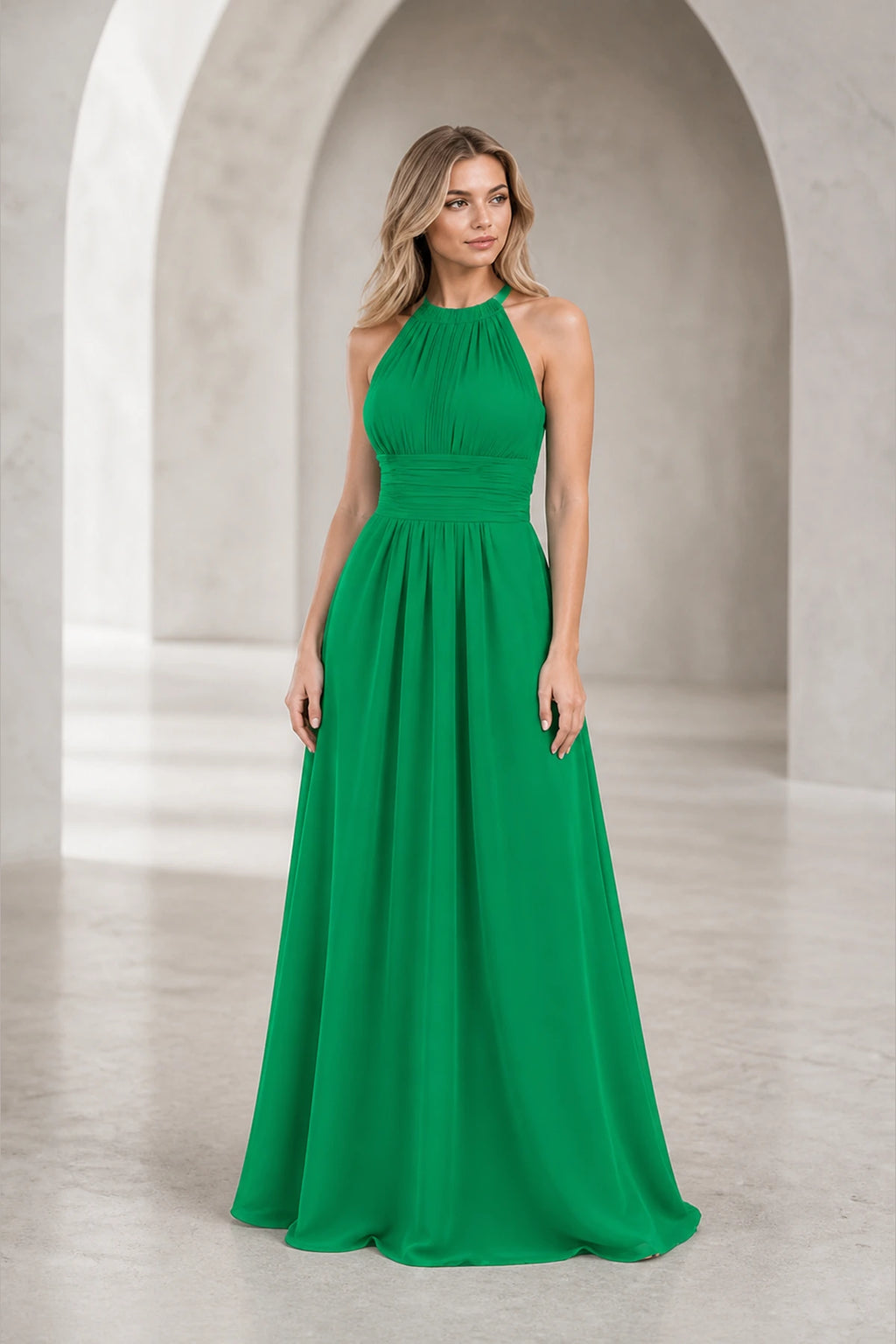 Romantic A-Line Halter Neck Sleeveless Keyhole Back Long Bridesmaid Dress