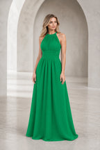 Romantic A-Line Halter Neck Sleeveless Keyhole Back Long Bridesmaid Dress