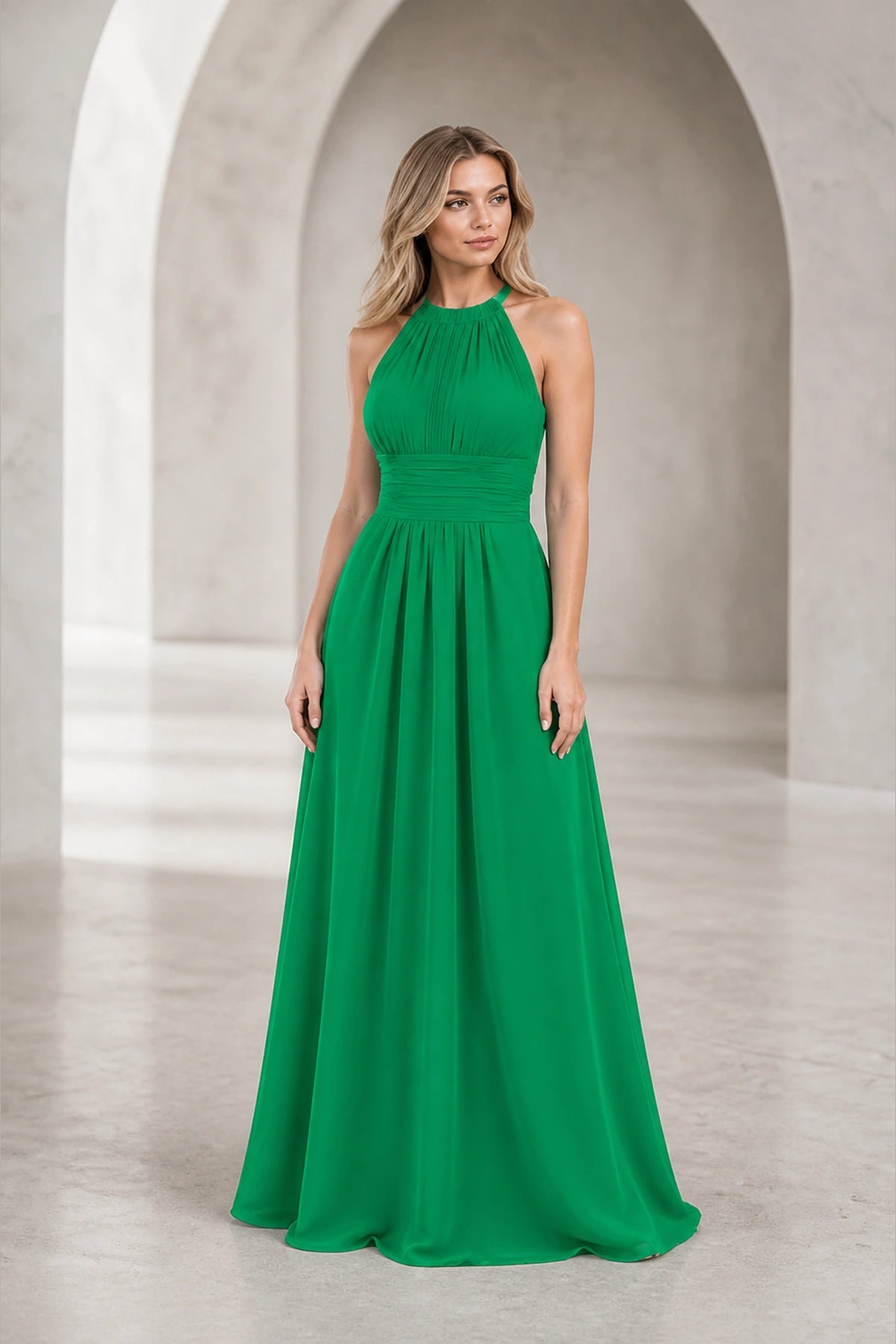 Romantic A-Line Halter Neck Sleeveless Keyhole Back Long Bridesmaid Dress