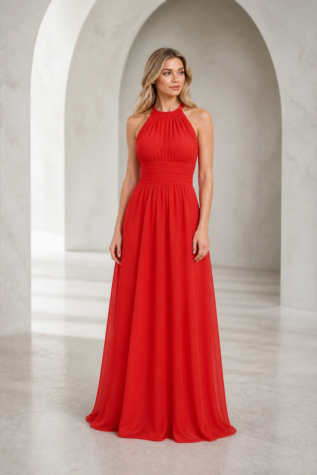 Romantic A-Line Halter Neck Sleeveless Keyhole Back Long Bridesmaid Dress