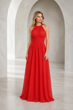 Romantic A-Line Halter Neck Sleeveless Keyhole Back Long Bridesmaid Dress
