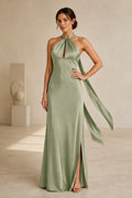 Sage green halter neck bridesmaid dress with keyhole front, tie back, side slit and floor-length A-line skirt, front and back view
