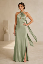 Sage green halter neck bridesmaid dress with keyhole front, tie back, side slit and floor-length A-line skirt, front and back view