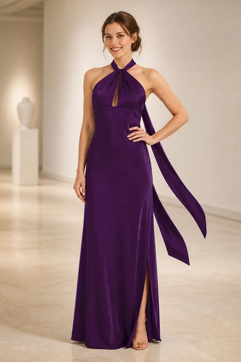 Graceful A Line Halter Neck Sleeveless Tie Back Floor Length Bridesmaid Dress