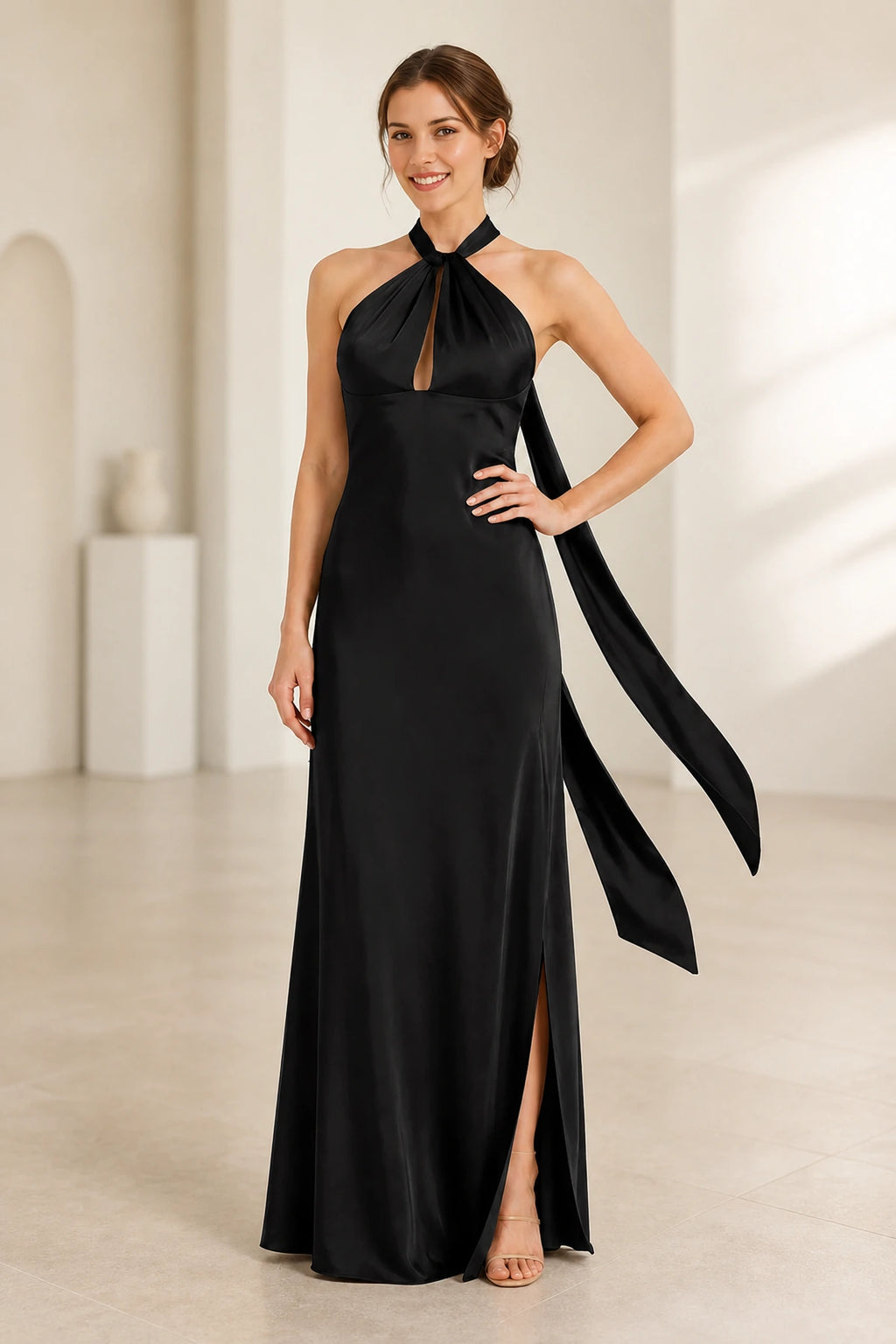 Graceful A Line Halter Neck Sleeveless Tie Back Floor Length Bridesmaid Dress