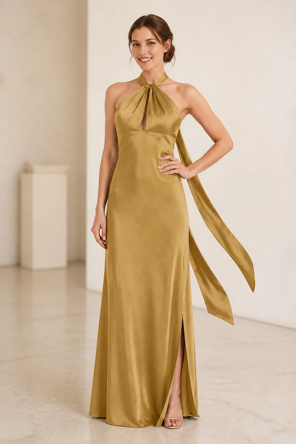 Graceful A Line Halter Neck Sleeveless Tie Back Floor Length Bridesmaid Dress