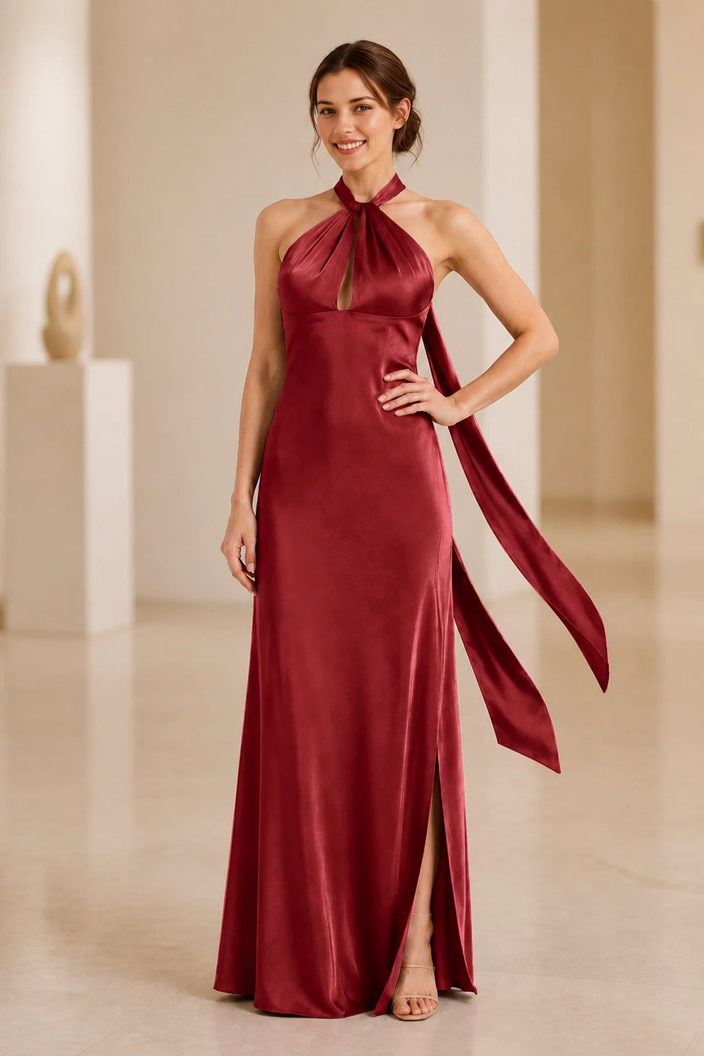 Graceful A Line Halter Neck Sleeveless Tie Back Floor Length Bridesmaid Dress