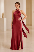 Graceful A Line Halter Neck Sleeveless Tie Back Floor Length Bridesmaid Dress