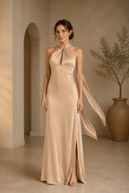 Graceful A Line Halter Neck Sleeveless Tie Back Floor Length Bridesmaid Dress