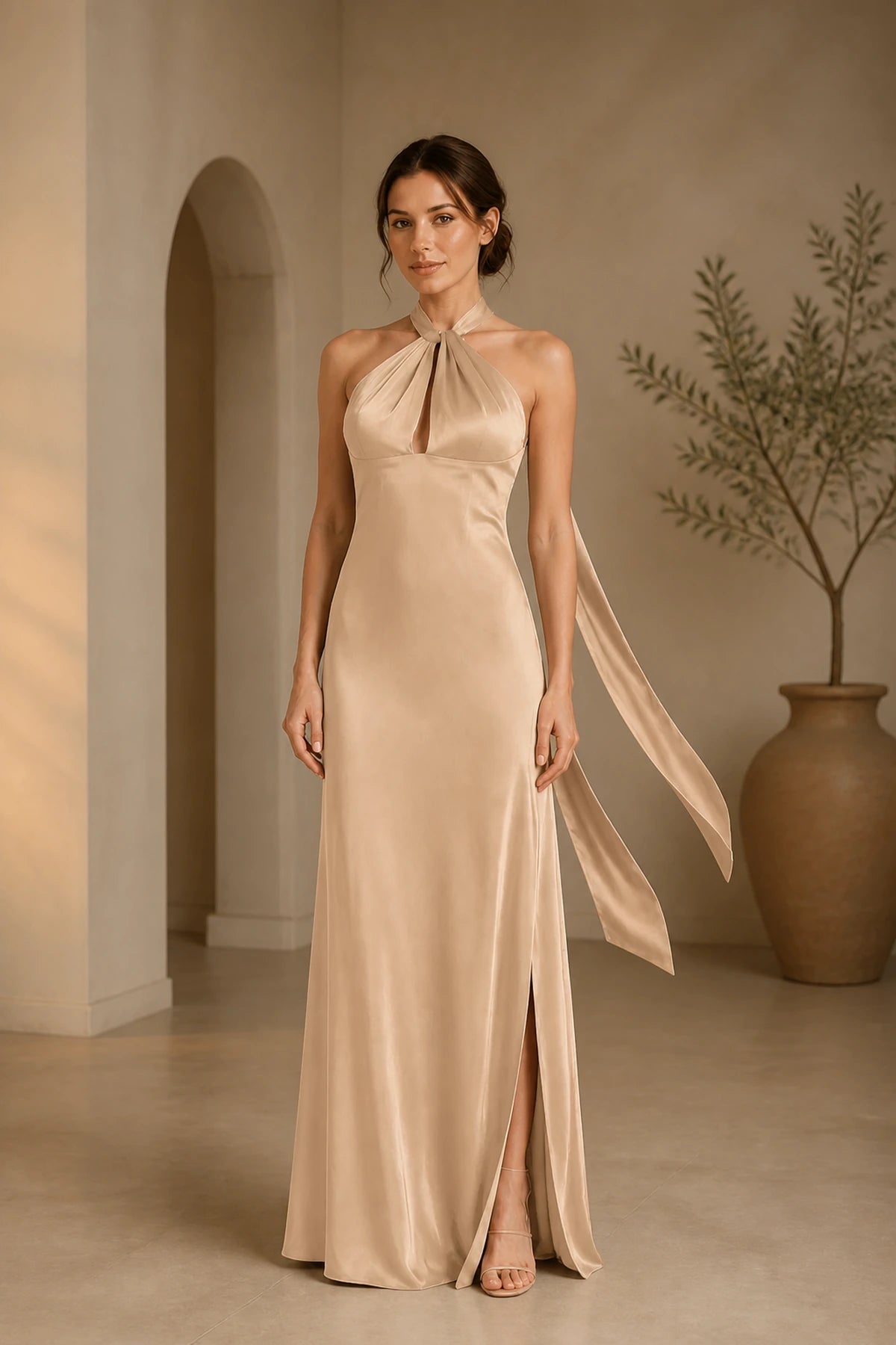 Graceful A Line Halter Neck Sleeveless Tie Back Floor Length Bridesmaid Dress