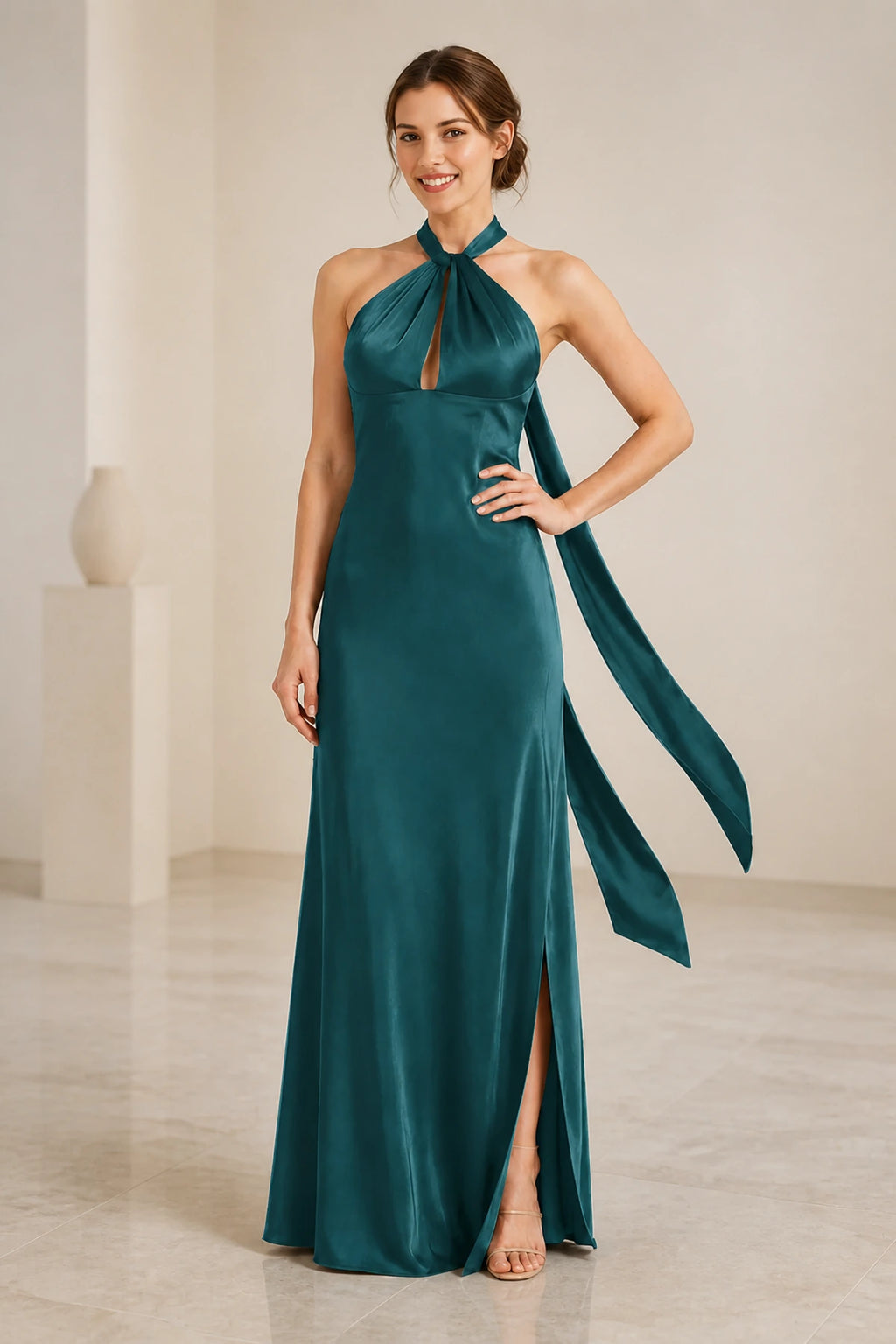 Graceful A Line Halter Neck Sleeveless Tie Back Floor Length Bridesmaid Dress