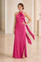 Graceful A Line Halter Neck Sleeveless Tie Back Floor Length Bridesmaid Dress