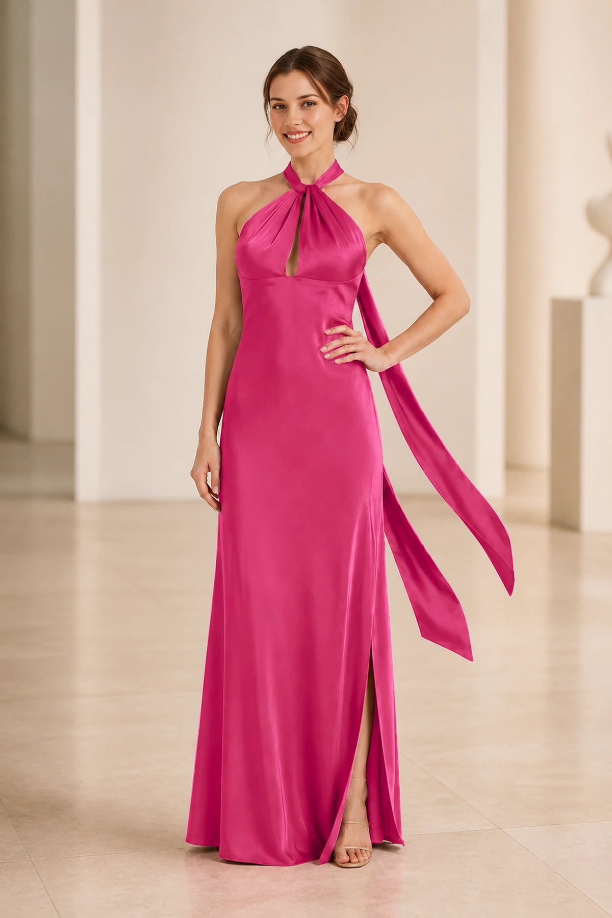Graceful A Line Halter Neck Sleeveless Tie Back Floor Length Bridesmaid Dress