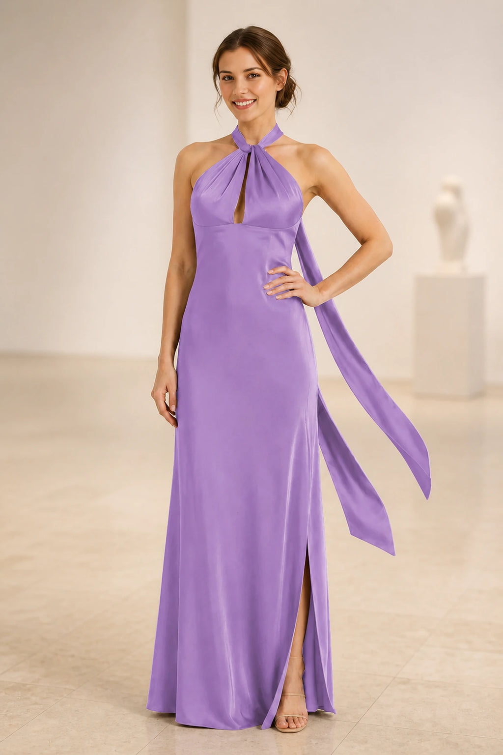 Graceful A Line Halter Neck Sleeveless Tie Back Floor Length Bridesmaid Dress