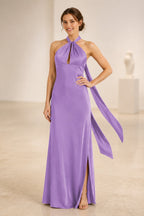 Graceful A Line Halter Neck Sleeveless Tie Back Floor Length Bridesmaid Dress