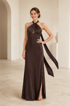 Graceful A Line Halter Neck Sleeveless Tie Back Floor Length Bridesmaid Dress