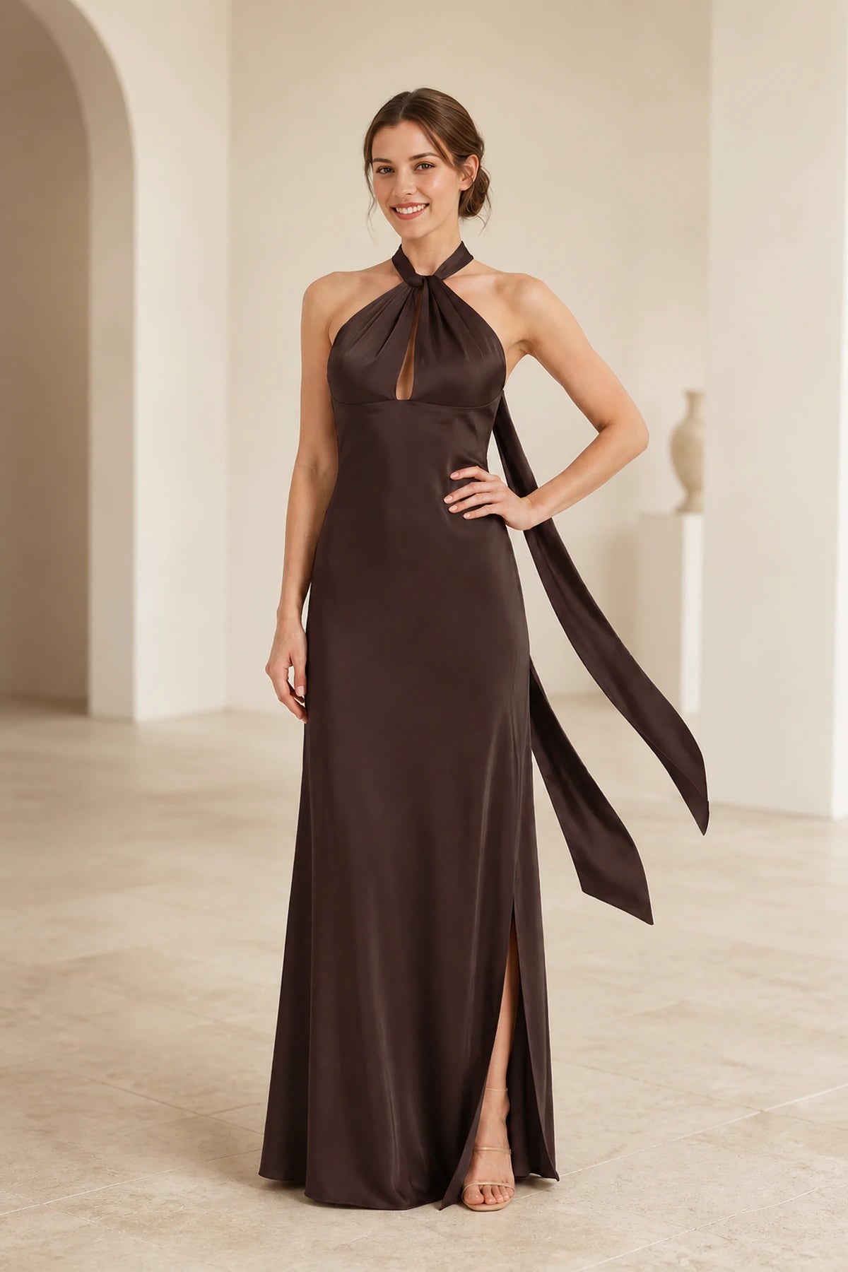 Graceful A Line Halter Neck Sleeveless Tie Back Floor Length Bridesmaid Dress