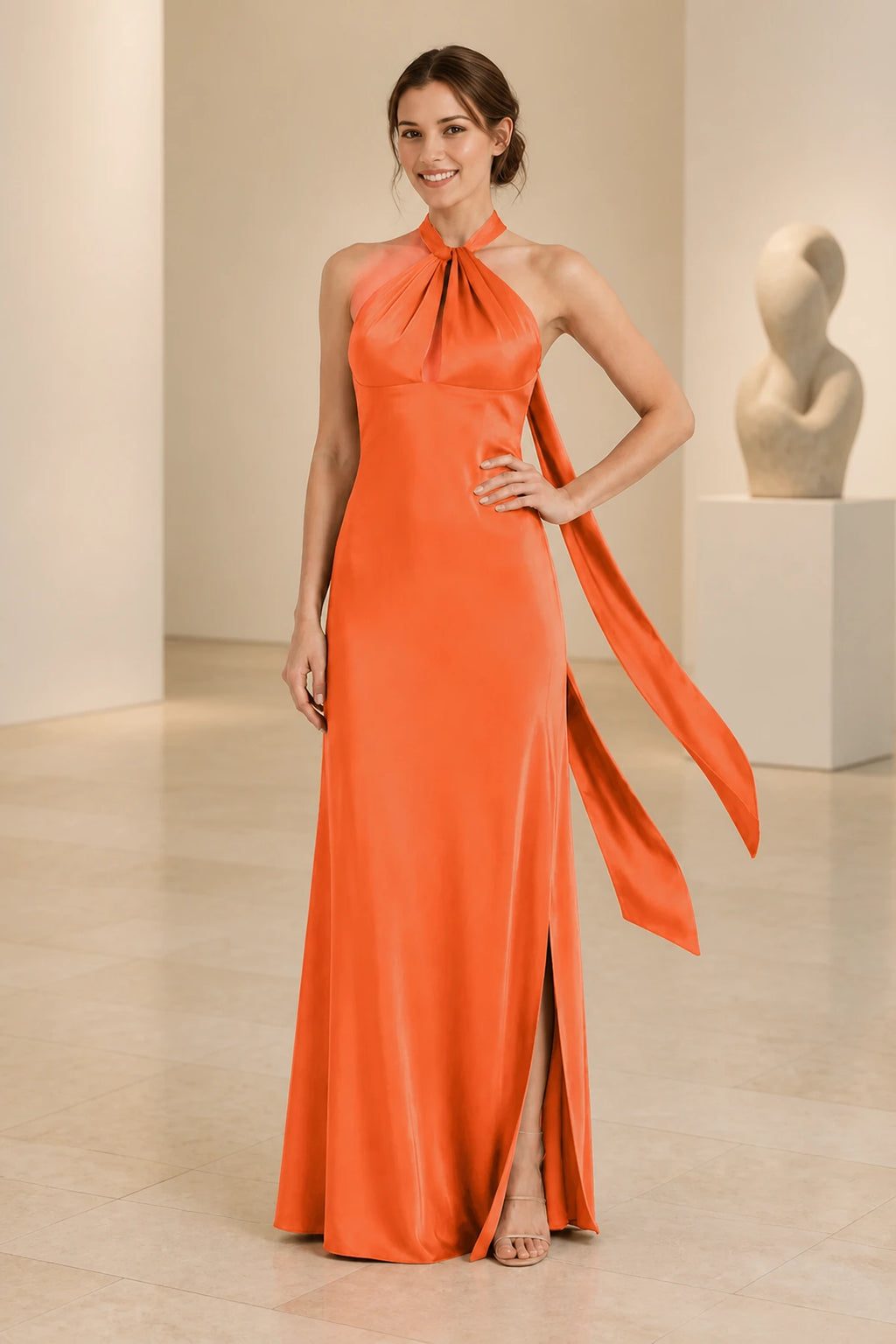 Graceful A Line Halter Neck Sleeveless Tie Back Floor Length Bridesmaid Dress
