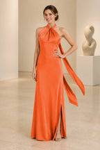 Graceful A Line Halter Neck Sleeveless Tie Back Floor Length Bridesmaid Dress