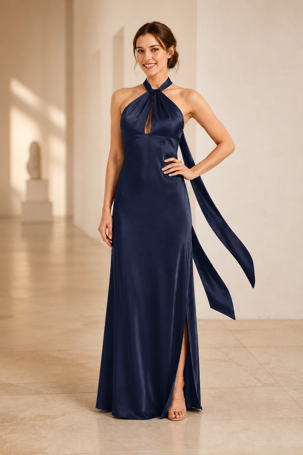 Graceful A Line Halter Neck Sleeveless Tie Back Floor Length Bridesmaid Dress