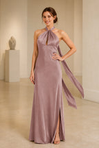 Graceful A Line Halter Neck Sleeveless Tie Back Floor Length Bridesmaid Dress