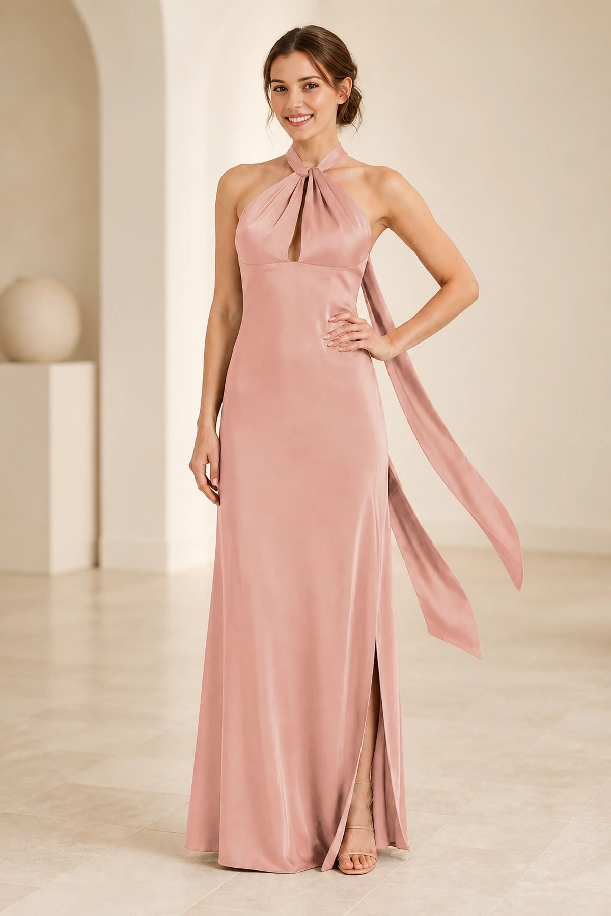 Graceful A Line Halter Neck Sleeveless Tie Back Floor Length Bridesmaid Dress