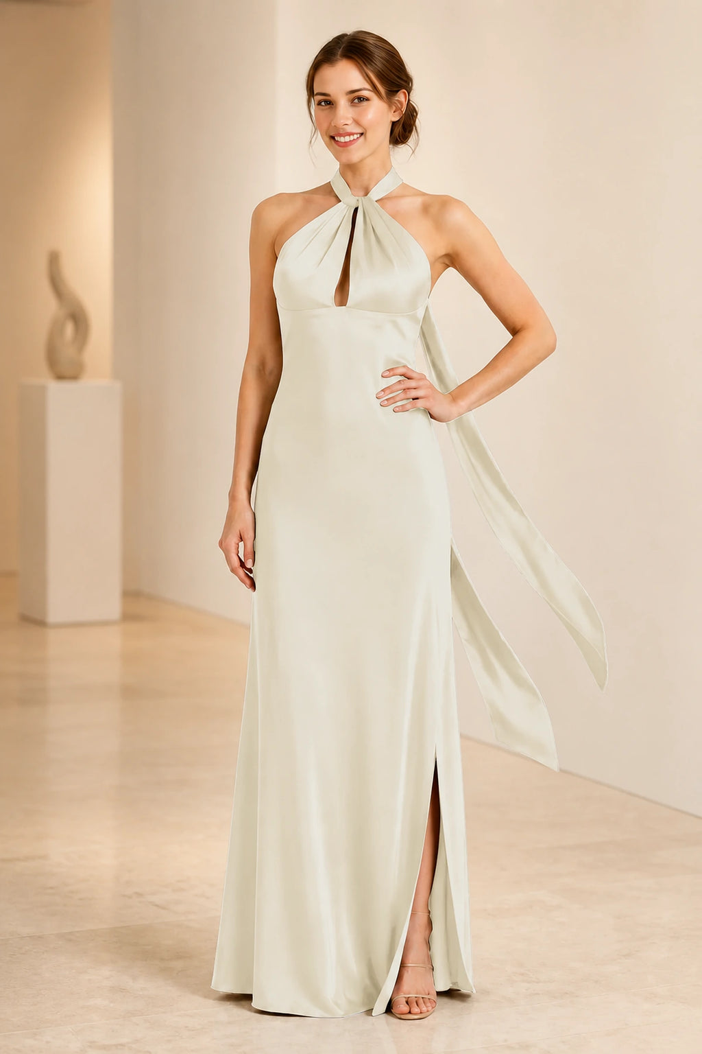 Graceful A Line Halter Neck Sleeveless Tie Back Floor Length Bridesmaid Dress