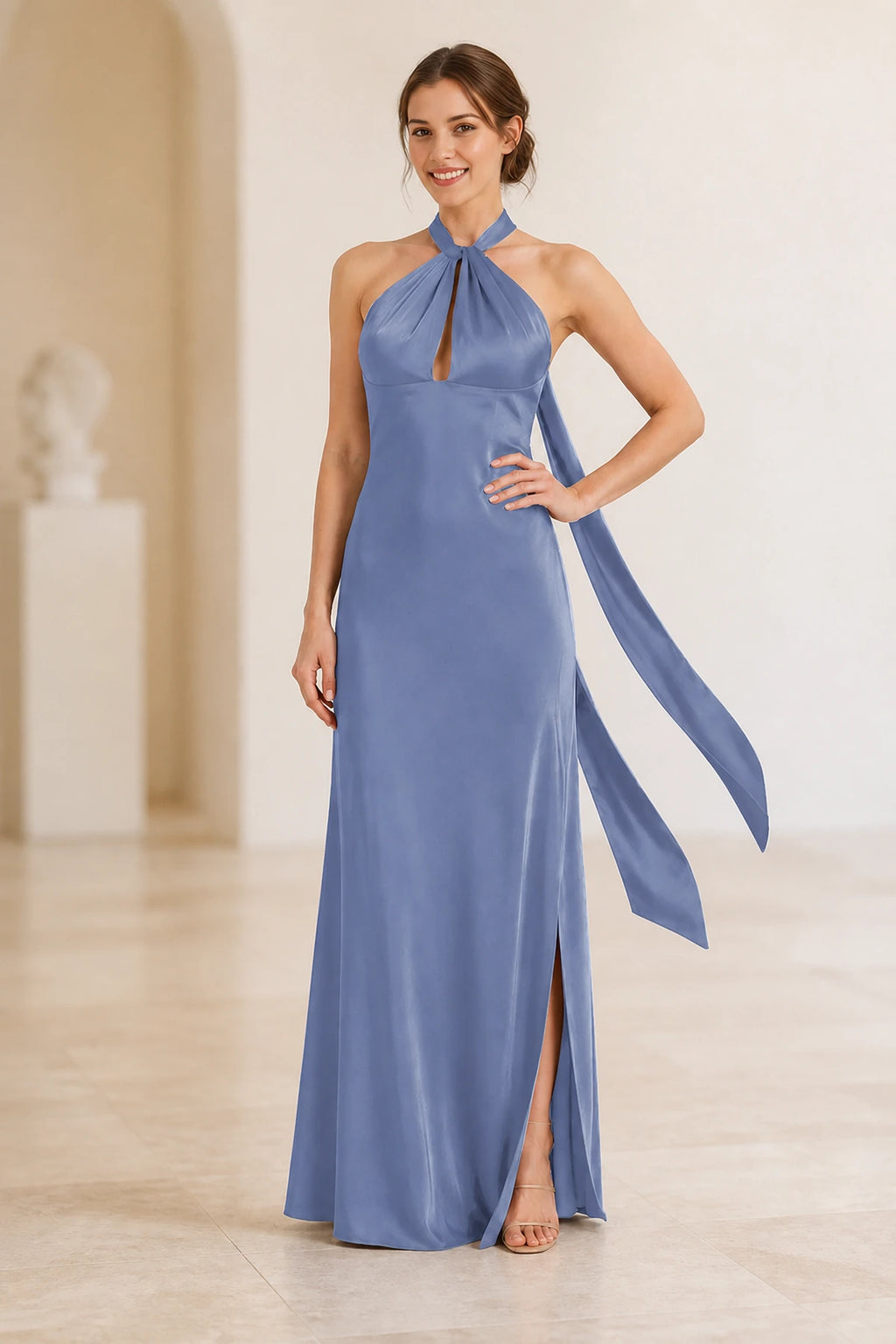 Graceful A Line Halter Neck Sleeveless Tie Back Floor Length Bridesmaid Dress
