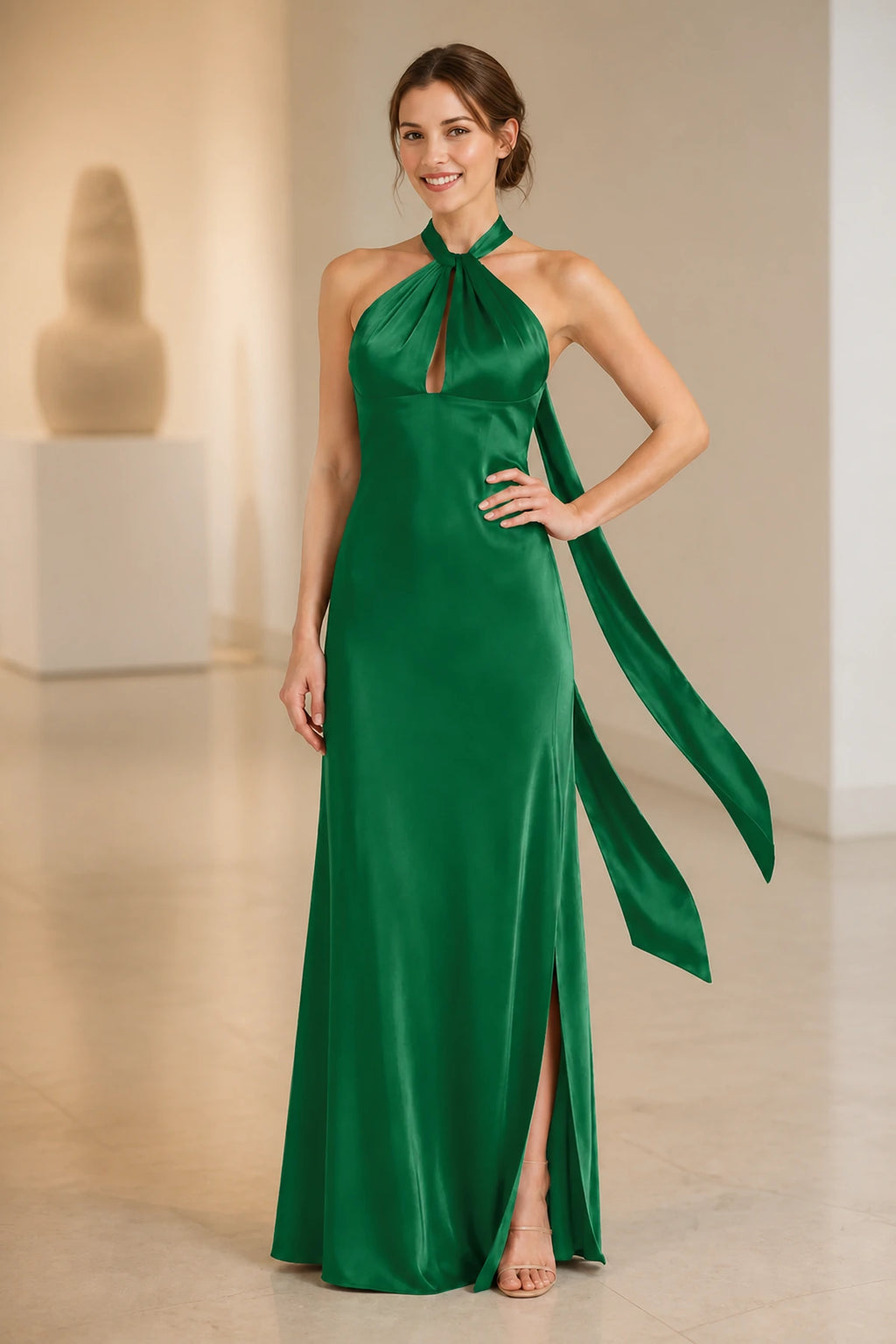 Graceful A Line Halter Neck Sleeveless Tie Back Floor Length Bridesmaid Dress