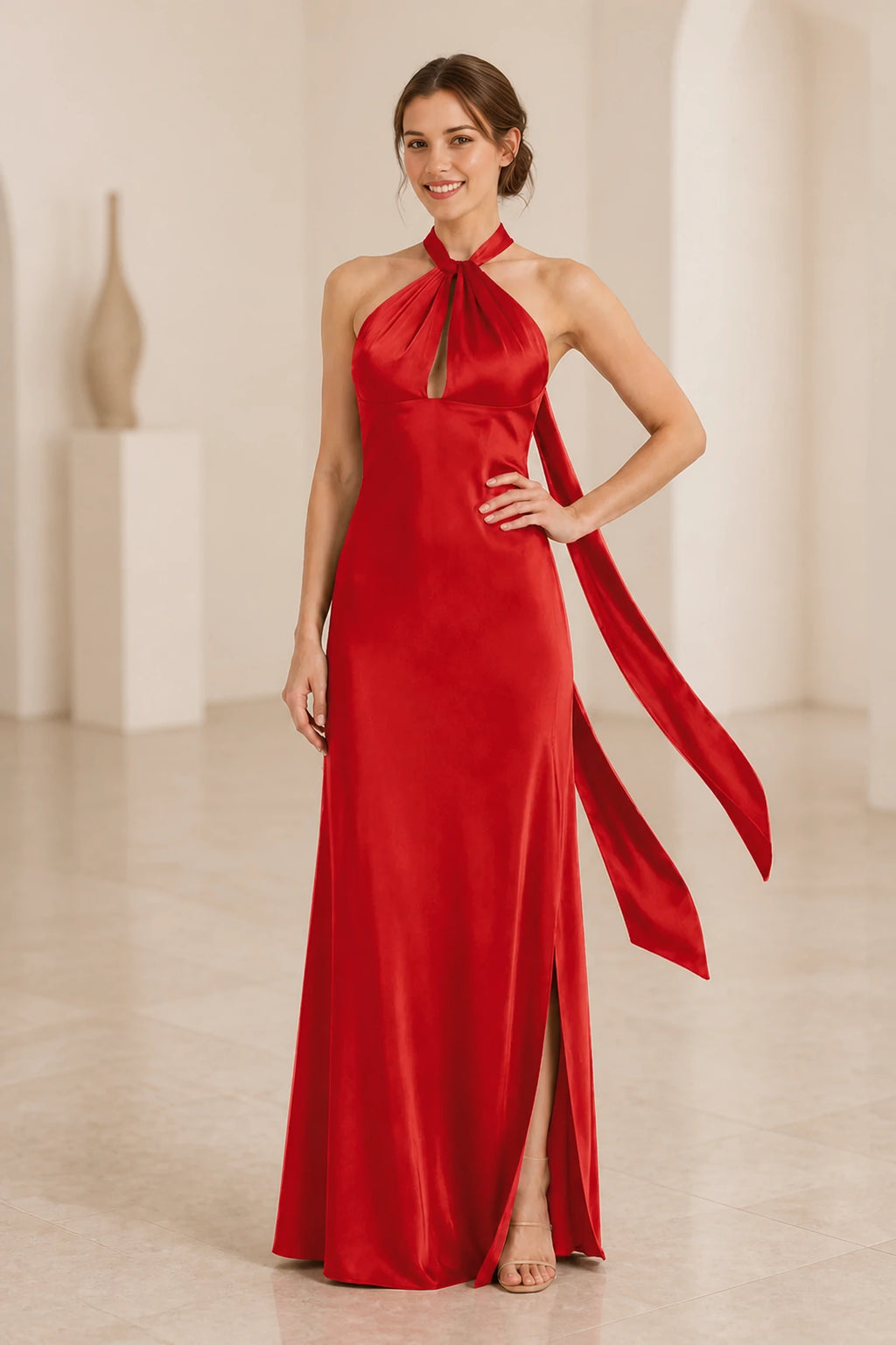 Graceful A Line Halter Neck Sleeveless Tie Back Floor Length Bridesmaid Dress