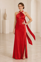 Graceful A Line Halter Neck Sleeveless Tie Back Floor Length Bridesmaid Dress
