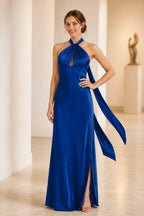 Graceful A Line Halter Neck Sleeveless Tie Back Floor Length Bridesmaid Dress