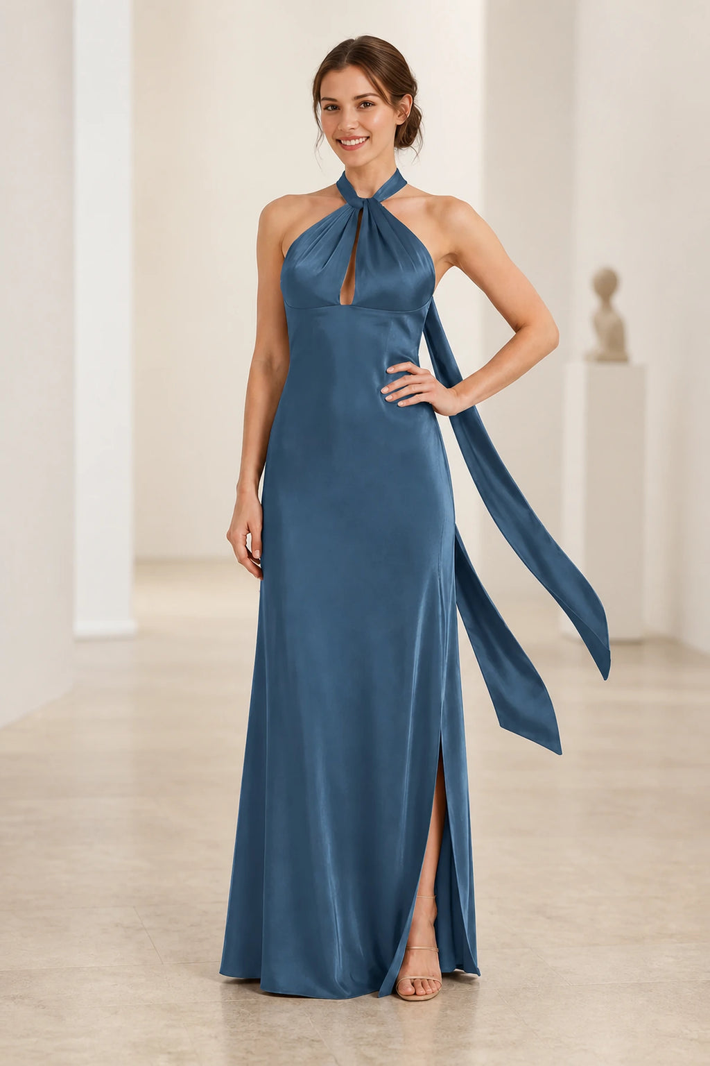 Graceful A Line Halter Neck Sleeveless Tie Back Floor Length Bridesmaid Dress