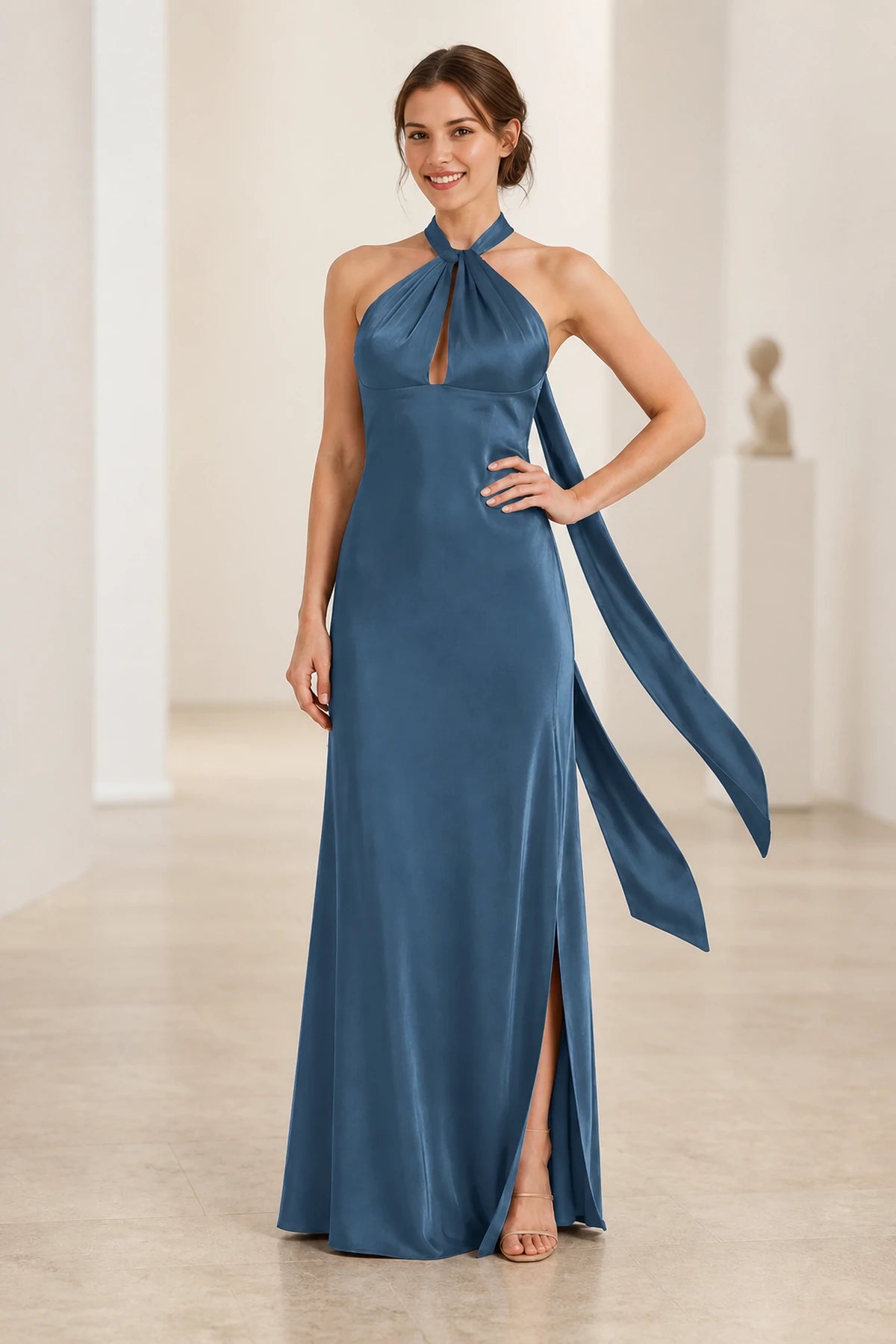 Graceful A Line Halter Neck Sleeveless Tie Back Floor Length Bridesmaid Dress