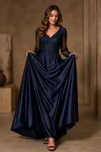 Refined A-Line V-Neck Three-Quarter Sleeve Closed-Back Long Mother of the Bride Dress