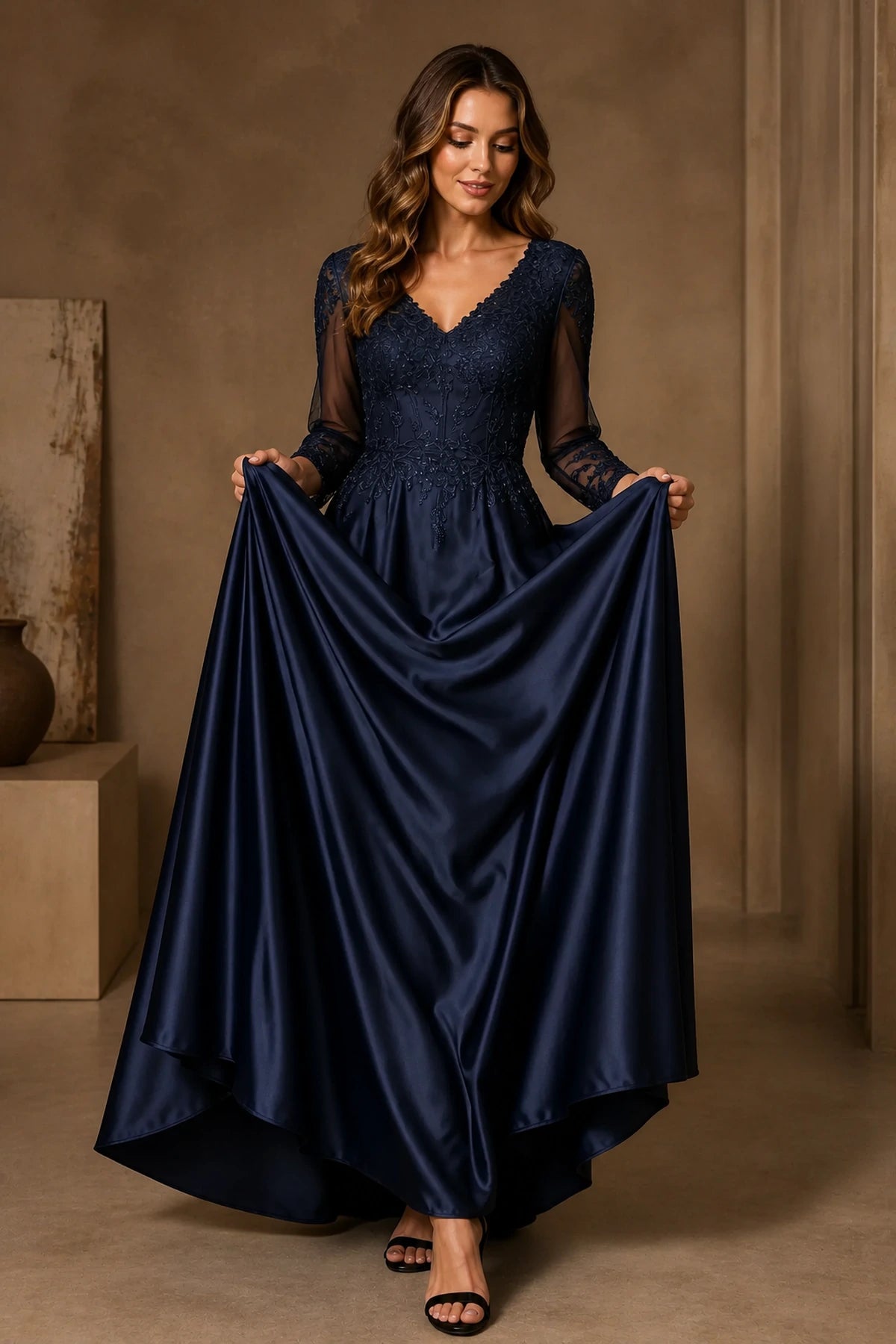 Refined A-Line V-Neck Three-Quarter Sleeve Closed-Back Long Mother of the Bride Dress