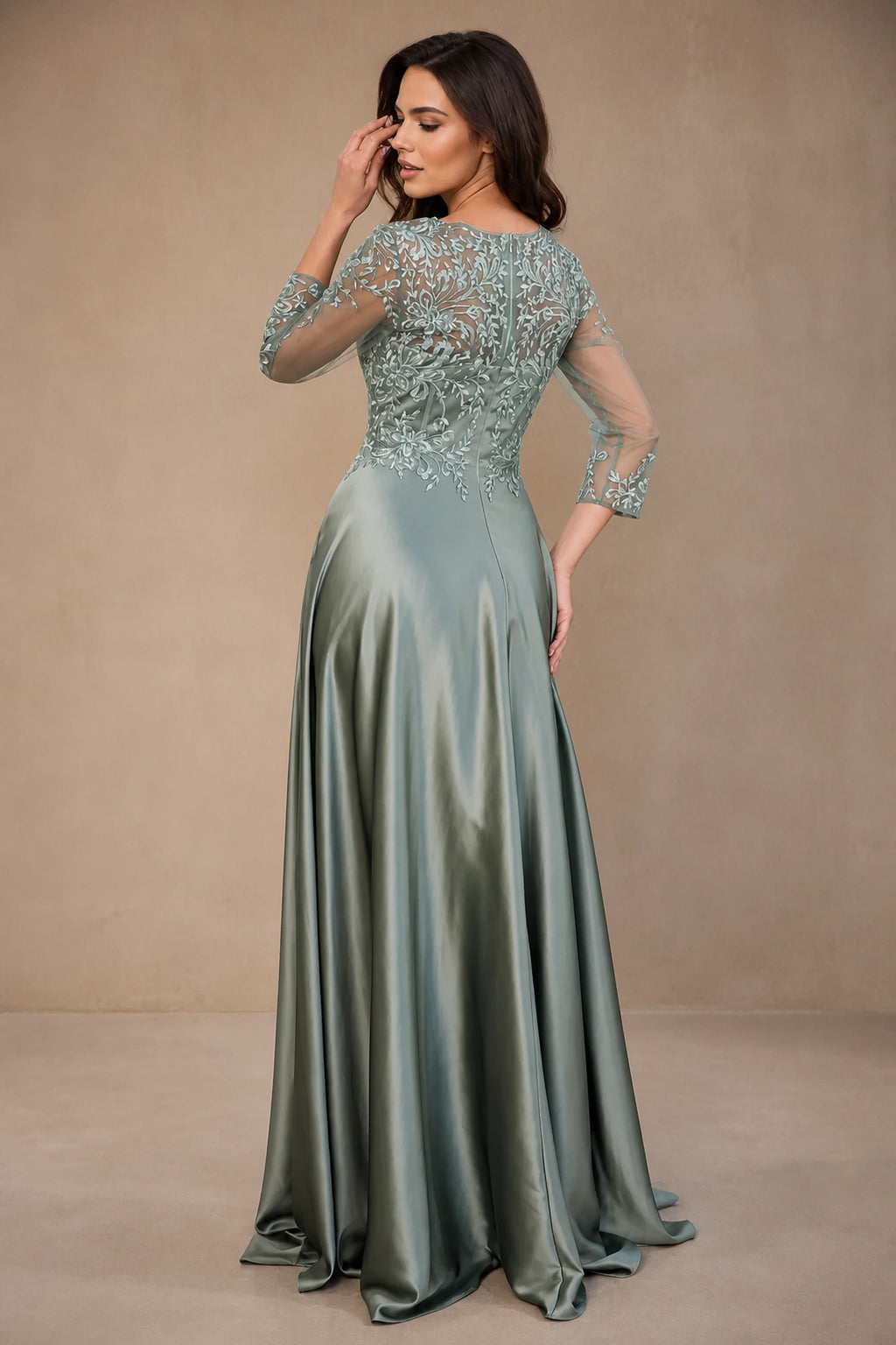 Refined A-Line V-Neck Three-Quarter Sleeve Closed-Back Long Mother of the Bride Dress