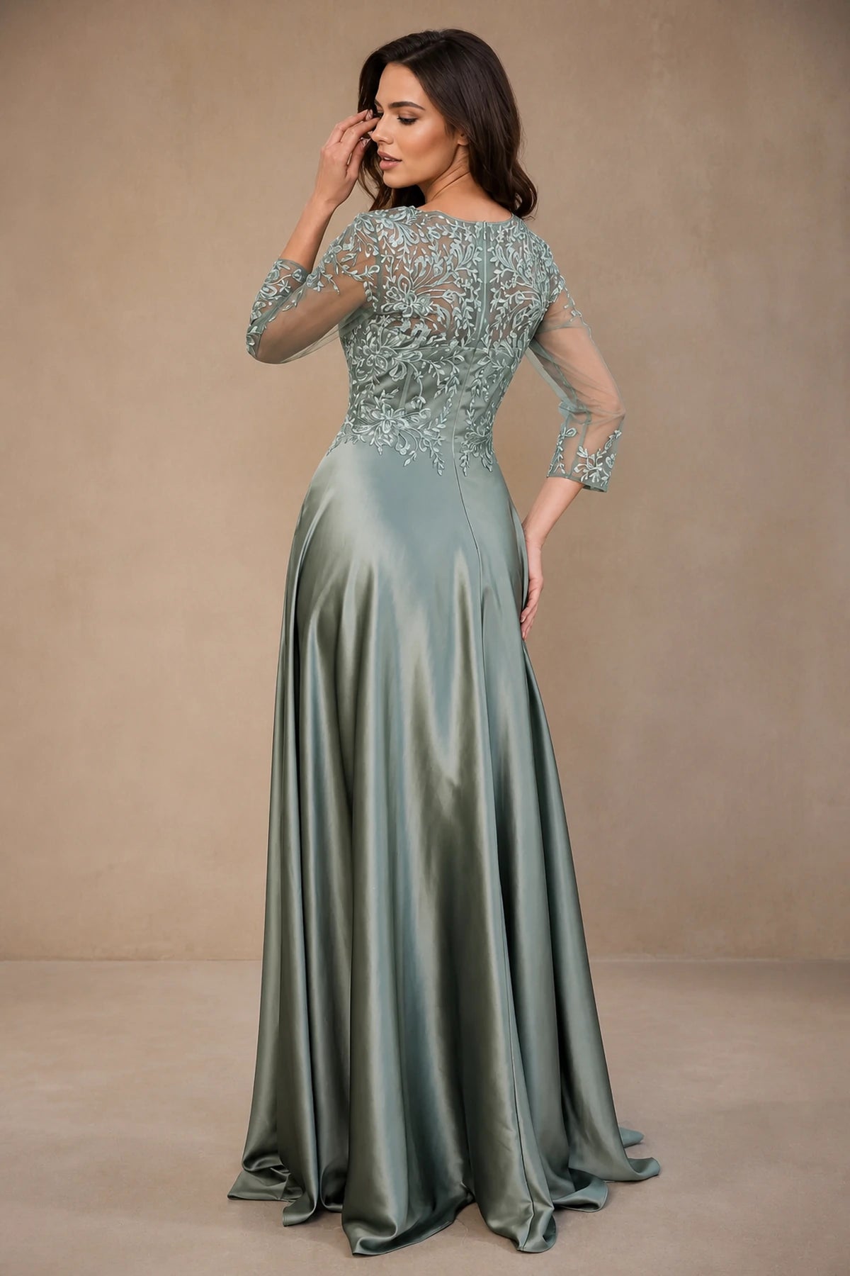 Refined A-Line V-Neck Three-Quarter Sleeve Closed-Back Long Mother of the Bride Dress