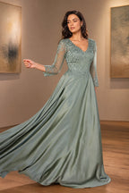Refined A-Line V-Neck Three-Quarter Sleeve Closed-Back Long Mother of the Bride Dress