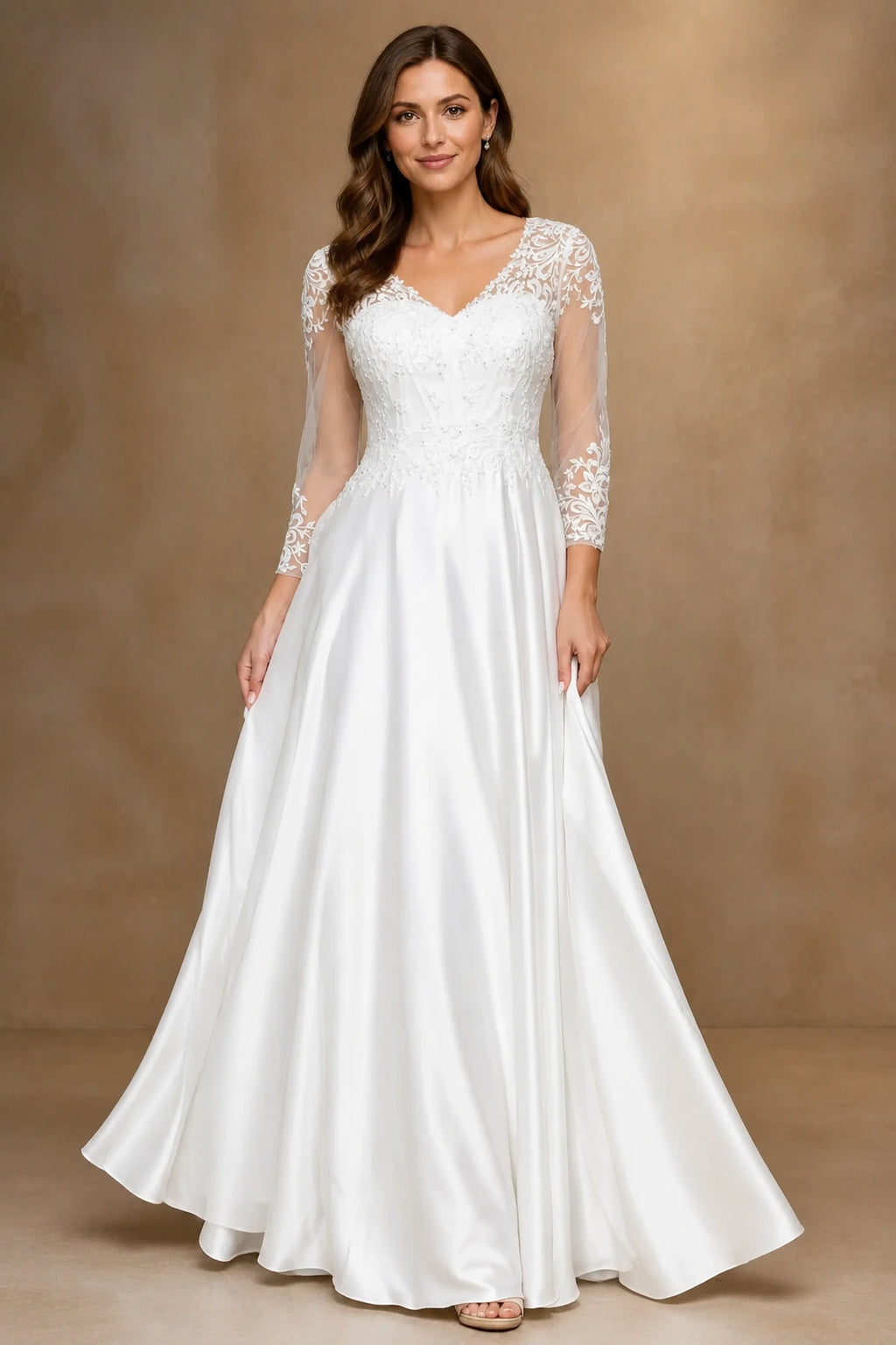 Refined A-Line V-Neck Three-Quarter Sleeve Closed-Back Long Mother of the Bride Dress