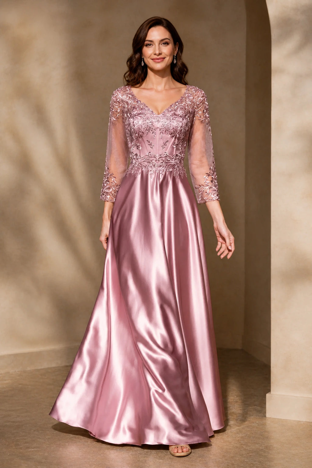 Refined A-Line V-Neck Three-Quarter Sleeve Closed-Back Long Mother of the Bride Dress