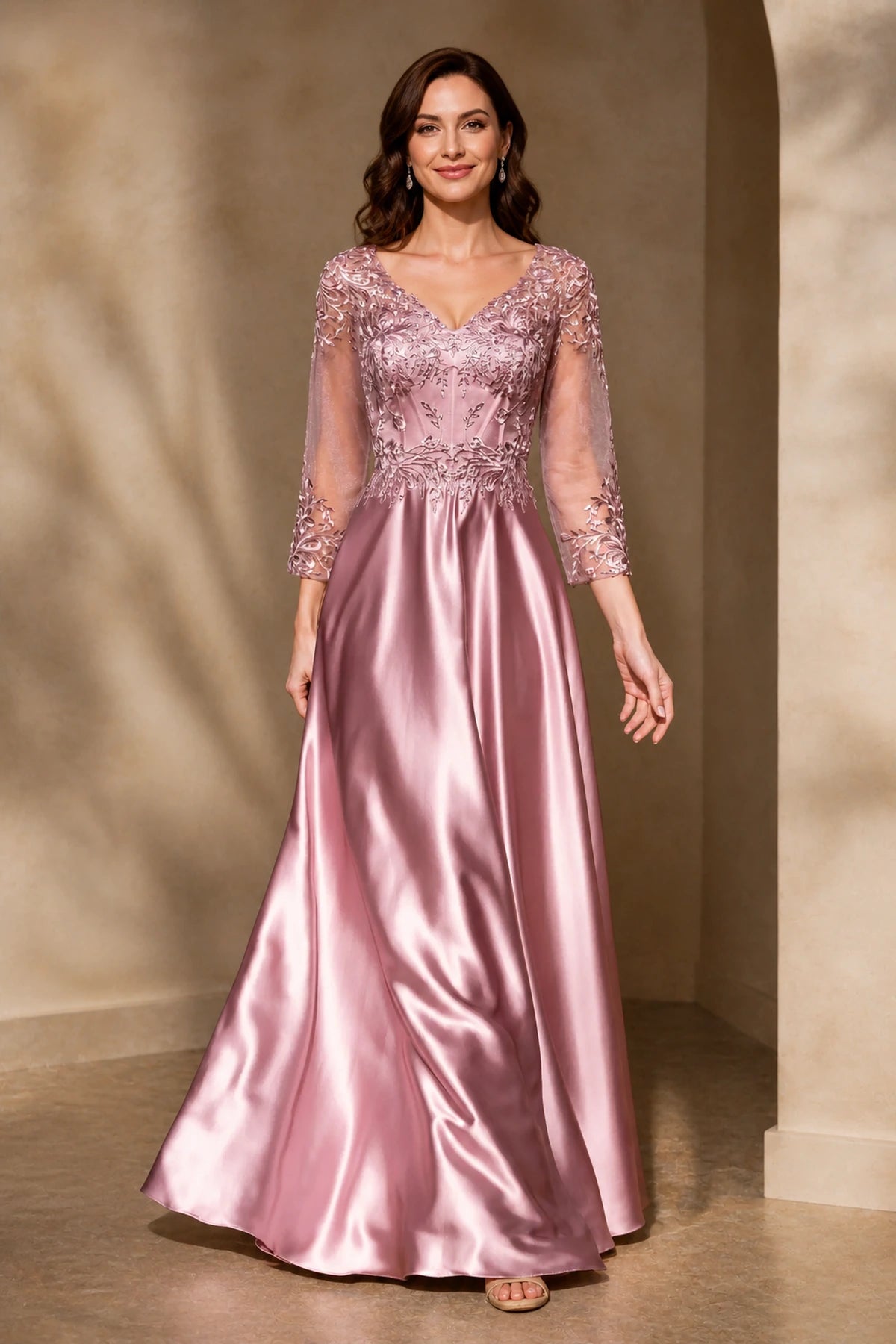 Refined A-Line V-Neck Three-Quarter Sleeve Closed-Back Long Mother of the Bride Dress