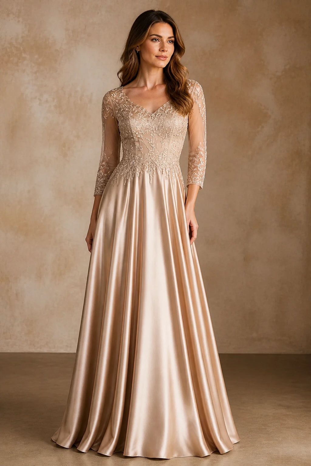 Refined A-Line V-Neck Three-Quarter Sleeve Closed-Back Long Mother of the Bride Dress