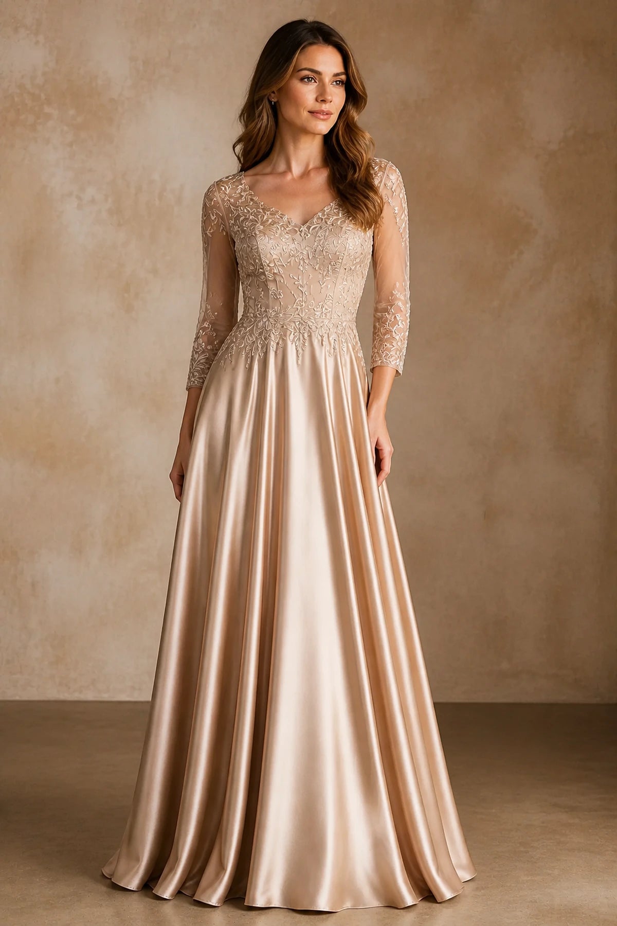 Refined A-Line V-Neck Three-Quarter Sleeve Closed-Back Long Mother of the Bride Dress