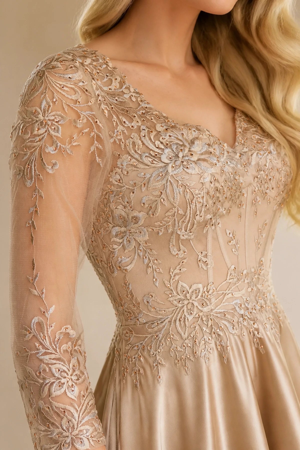 Refined A-Line V-Neck Three-Quarter Sleeve Closed-Back Long Mother of the Bride Dress